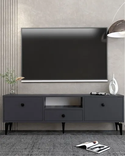 Comoda TV, Hanah Home, 1300-DROP-1, 140x49x30 cm, PAL , Antracit / Negru