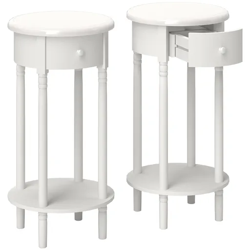 HOMCOM Set 2 Noptiere cu Sertar și Raft, Măsuțe de Cafea din Lemn în Stil Contemporan, Ø35,5x71 cm, Alb | Aosom Romania