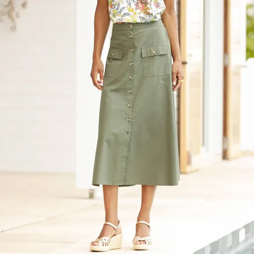 Fustă midi cu nasturi, amestec de bumbac și in