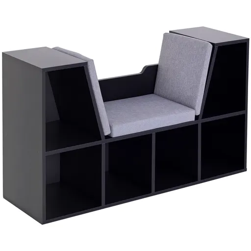 HOMCOM Bibliotecă cu Banc 2 în 1 Design Contemporan 6 Compartimente 3 Perne Incluse 102L x 30l x 61H cm Negru Gri | Aosom Romania