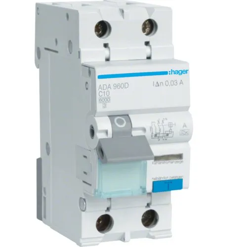 Disjunctor cu protectie diferentiala RCBO 1P+N 10A/30mA 6kA curba C tip A Hager ADA960D