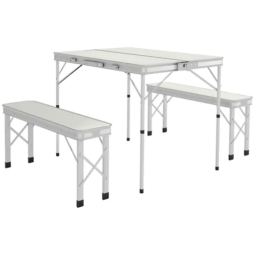 Outsunny Masă Pliabilă de Picnic cu 2 Bănci, Masă de Camping din 3 Piese cu Masă și Scaune din MDF și Aluminiu, 90x62x70 cm, Argintiu | Aosom Romania