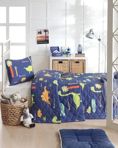 Set cuvertura Single 160x220 cm, 2 piese, L'essentiel Maison, Dinolar, Albastru inchis