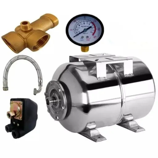 Kit accesorii hidrofor, vas expansiune 50L Inox, IBO Polonia, presostat, manometru, racord 5 cai bronz, furtun racord Inox cu cot 70cm