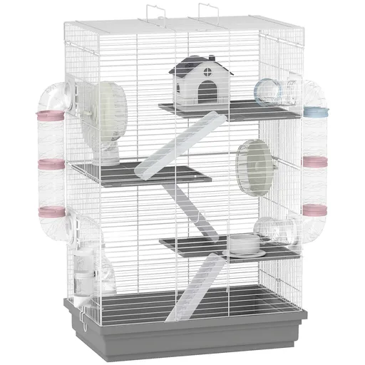 PawHut Cușcă pentru Hamsteri pe 4 Niveluri cu 16 Tuburi, Căsuță, Rampă, Boluri, Rezervor de Apă și Tăviță Antipicurare, Cușcă din Metal și Plastic, 47