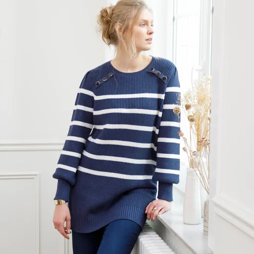 Pulover tunică cu dungi și nasturi decorativi