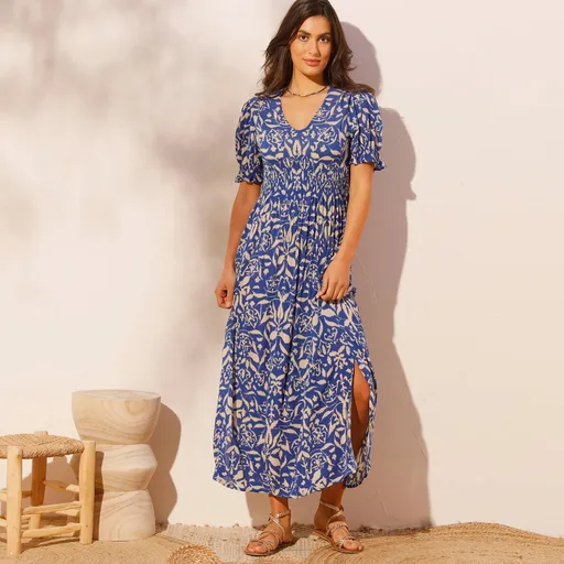 Rochie lungă cu imprimeu albastru/bej