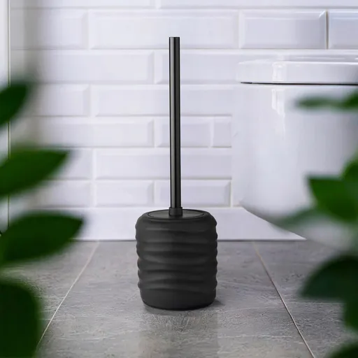 Perie pentru toaleta cu suport Illana, Wenko, 8.5x38.5 cm, ceramica/silicon/inox, negru