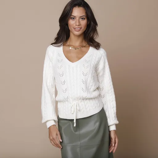 Pulover ajurat cu decolteu în V și model împletit