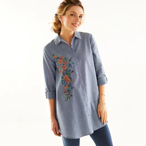 Tunică cu nasturi și broderie, chambray