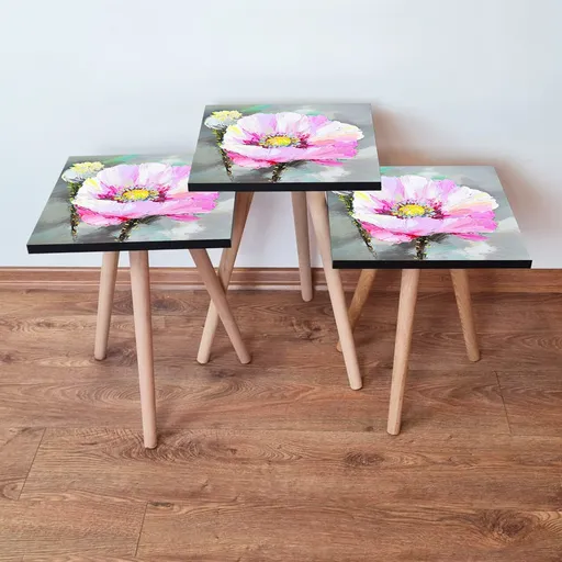 Set masute 3 piese, Hanah Home, 3Shp299, Alb / Roz / Gri / Galben