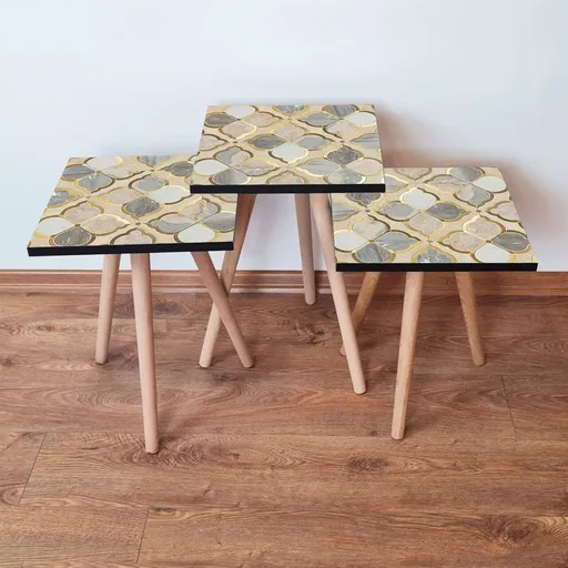 Set masute 3 piese, Hanah Home, 3Shp136, Bej / Gri / Alb