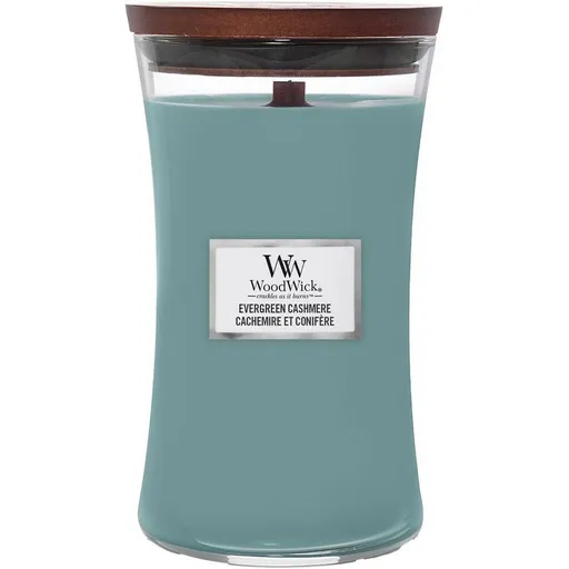 Lumânare parfumată vază mare WoodWick Evergreen Cashmere, 609 g