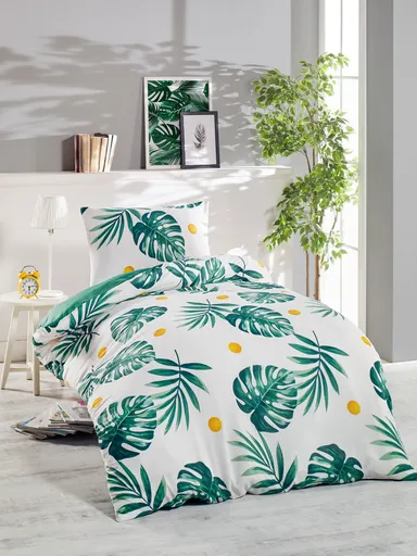 Lenjerie de pat pentru o persoana 2 piese, L'essentiel Maison, Monstera, 65% bumbac/35% poliester, Verde / Alb / Galben