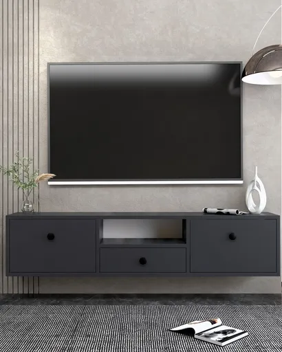 Comoda TV, Hanah Home, 1301-DROP-1, 140x30x30 cm, PAL , Antracit / Negru