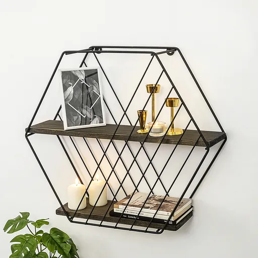 Raft de perete, Hanah Home, Anemone Vulgaris, 60x52x15 cm, Negru / Nuc Inchis