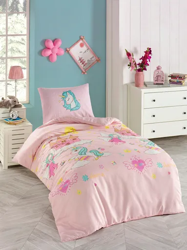 Lenjerie de pat pentru o persoana 2 piese, L'essentiel Maison, Unicorn Dreams, 65% bumbac/35% poliester, Pink / Blue / White / Yellow