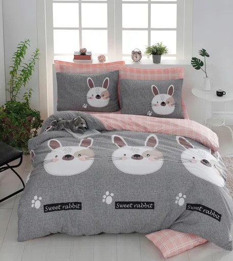 Lenjerie de pat dubla 3 piese, L'essentiel Maison, Tavşancık, 65% bumbac/35% poliester, Grey / White / Brown / Black