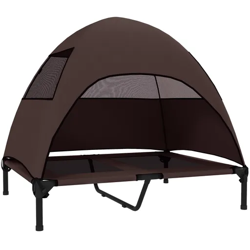 PawHut Pat de exterior pentru câini cu acoperiș, pat înălțat pentru câini mari, 91 x 76 x 90 cm, Cafea | Aosom Romania