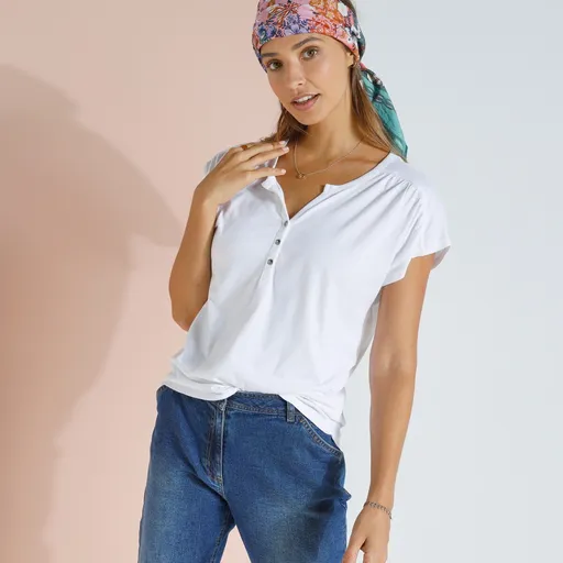 Tricou monocrom cu decolteu tunisian și mâneci scurte