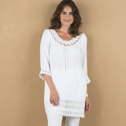 Tunică creponată cu mâneci 3/4 și macramé