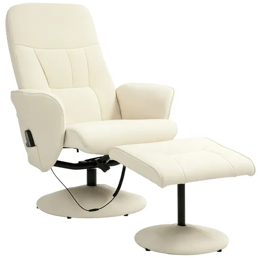 HOMCOM Fotoliu de masaj cu taburet, Scaun ergonomic cu 10 puncte de vibrații, Piele ecologică, 76 x 81 x 105 cm, Crem | Aosom Romania