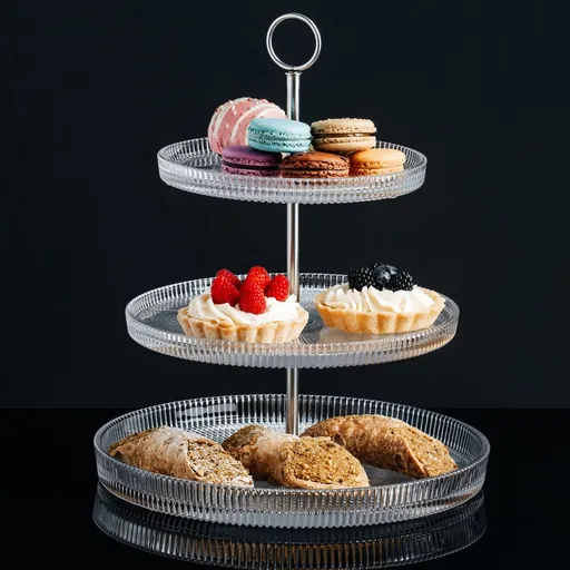 Suport prajituri cu 3 etaje Curly, Ambition, 19 cm/24 cm/29 cm, otel/sticla, argintiu/transparent