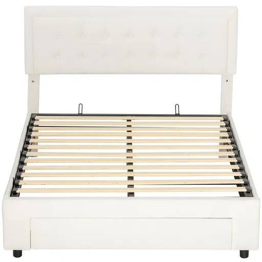 HOMCOM Cadru de pat dublu cu somieră și spațiu de depozitare pe pistoane, sertar pe roți, tăblie reglabilă capitonată efect velur, crem | Aosom Romani