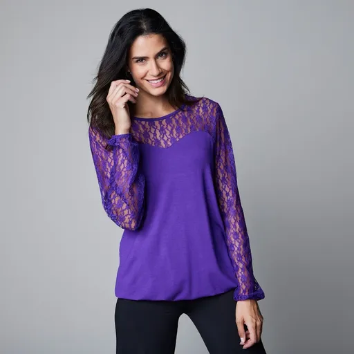 Tricou cu inserție de dantelă, mâneci lungi