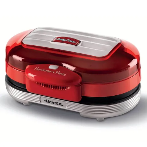 Aparat preparare burgeri Ariete Party Time 0205/00, 1200W, 2 compartimente, Placi neaderente, Tava detasabila, Rosu