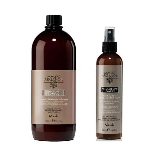 Sampon Profesional Disciplinant Nook Magic Argan Oil Discipline 1000 ml si Masca Spray Leave-In Nook Absolute One 250 ml
