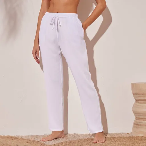 Pantaloni crepon drepți de culoare solidă