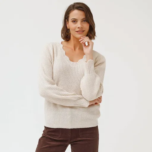 Pulover cu decolteu în V, confecționat din tricot simplu