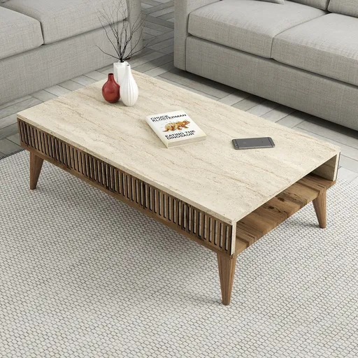 Masuta de cafea, Hanah Home, Milan, 105x35x60 cm, Nuc / Travertin