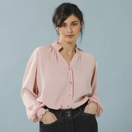 Bluză creponată de culoare solidă cu nasturi, pentru siluetă mică