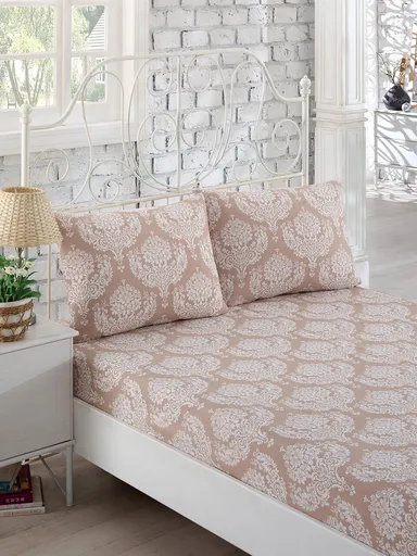 Set de pat dublu (cearceaf cu elastic si perne) 3 piese, L'essentiel Maison, Post, 65% bumbac/35% poliester, Maro