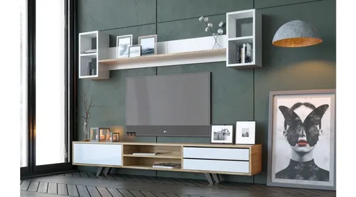 Comoda TV, Hanah Home, Rb-072, 180x45x40 cm, Alb / Stejar