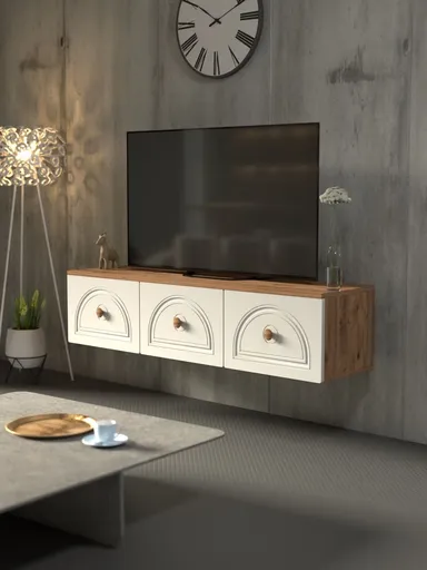 Comoda TV, Hanah Home, Virella 135, 135x32x35 cm, PAL, Pin Atlantic / Alb