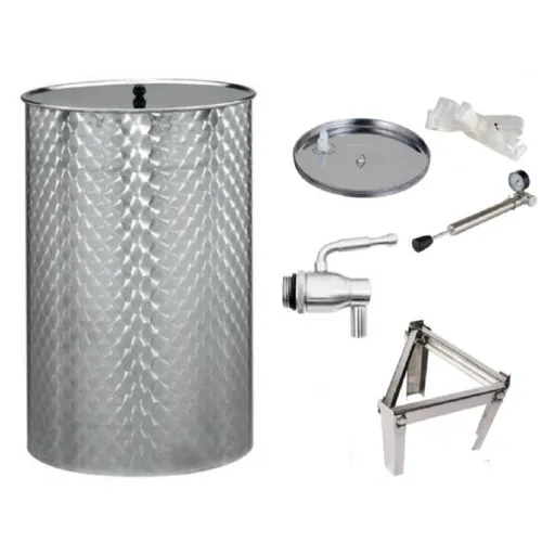 Butoi inox cu capac flotant si fund plan, 300L, inclus canea inox, suport butoi si capac anti-praf, TRE.I Italy
