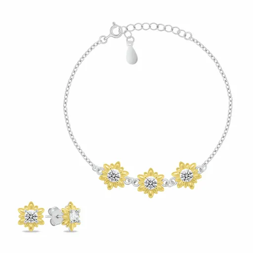 Brilio Silver Set floral de bijuterii bicolor cu zirconi SET279WY (cercei, brățară)