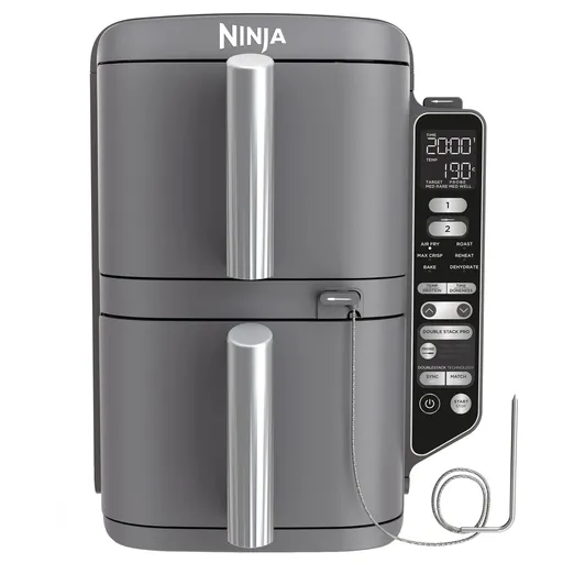 Friteuza dubla cu aer cald Ninja SL451EU, 2470W, 9.5L, Termometru digital, 2 cosuri, 6 programe, Max Crisp, Sync & Match, Gri