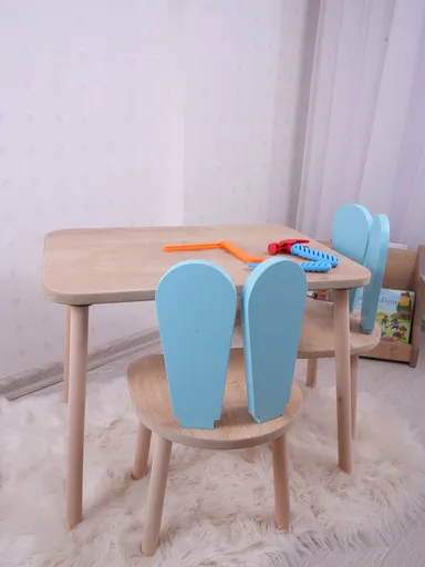 Set masa si scaun pentru copii, Hanah Home, Bunny One Chair Set, Albastru bebeluș / Maro