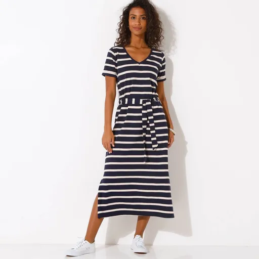 Rochie midi cu dungi și curea, cu decolteu în V