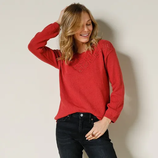 Pulover cu gât rotund și model de dantelă