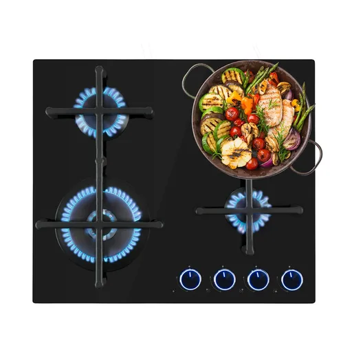 Klarstein Illuminosa 4, plită pe gaz, 4 arzătoare Sabaf, sticlă ceramică, neagră