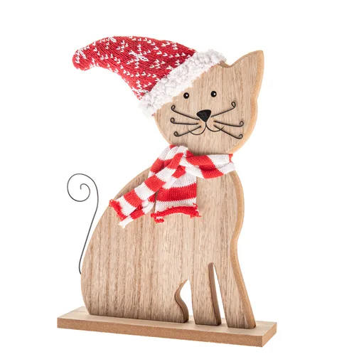 Pisică din lemn cu eșarfă și căciulă tricotate, 29cm, naturală