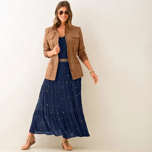 Fustă lungă cu volane cu imprimeu auriu