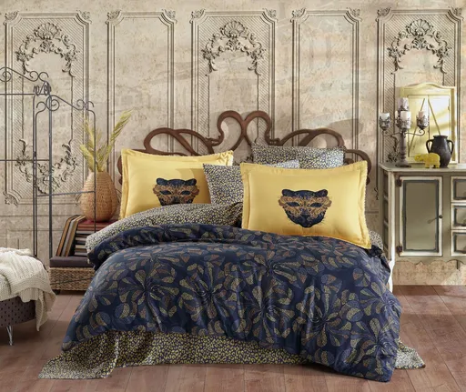 Lenjerie de pat dubla, L'essentiel Maison, Caprice, Galben / Albastru închis