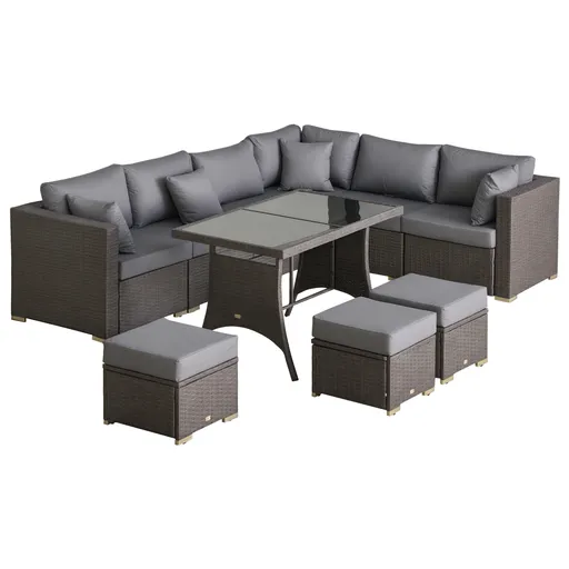 Outsunny Set de Mobilier de Gradina cu 10 Piese in Ratan, cu Perne pentru Scaun si Spatar, Cadru Metalic Anticoroziv, Gri Inchis | Aosom Romania