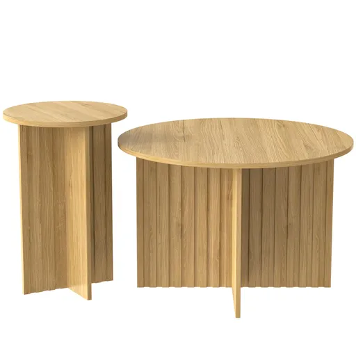 Set modern de 2 măsuțe tip cuib, cu blaturi rotunde și structură verticală pe lateral, 76x76x50 cm/40x40x56,5 cm, Culoare naturală